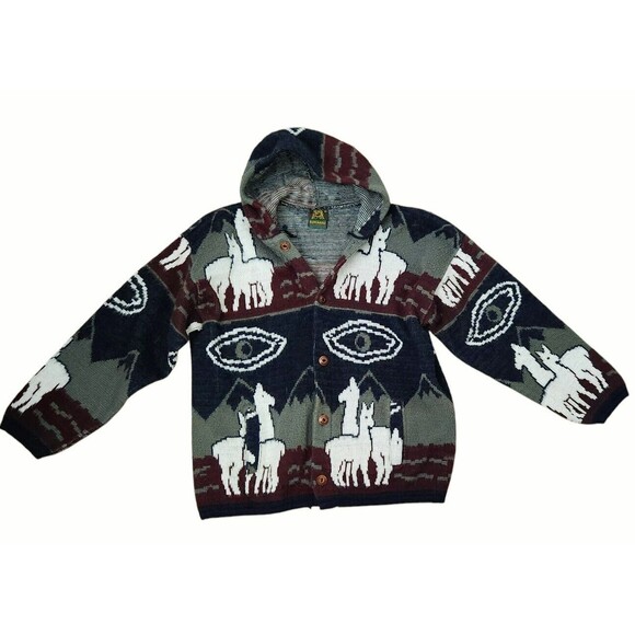 RUMINAHUI Men's Large Wool Vintage Alpaca Design Hooded Sweater Jacket Coat - Picture 2 of 5